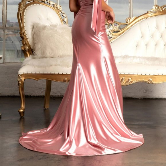 DUSTY ROSE Gathered Bodice Satin Mermaid Dress Straight Across Neckline GL3059 - Picture 5 of 5